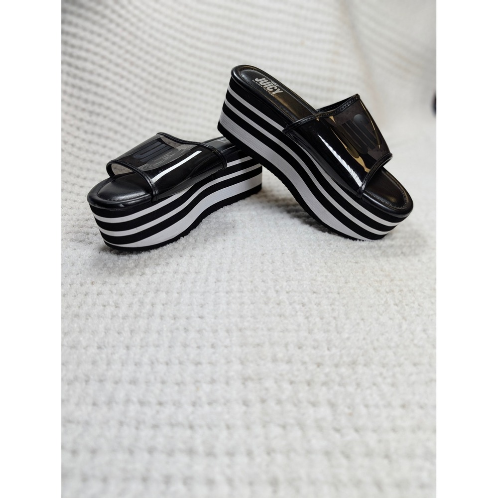 Juicy Couture Drena Black White Striped Platform Slide Sandals Logo Strap 7